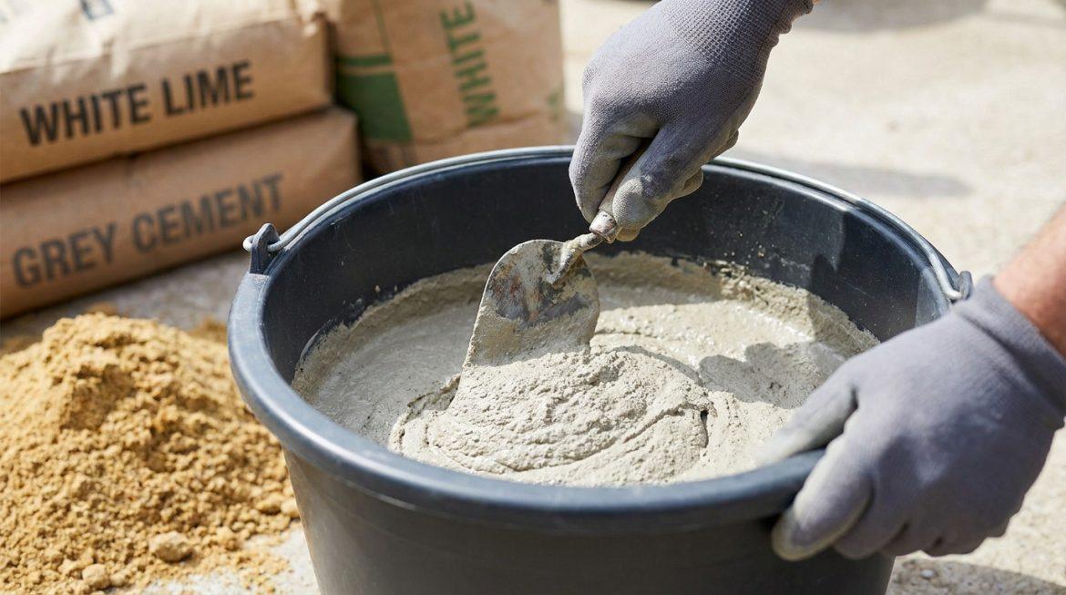 Gros plan sur des mains gantées mélangeant du mortier dans un seau avec une truelle. Sacs de ciment et chaux en arrière-plan.