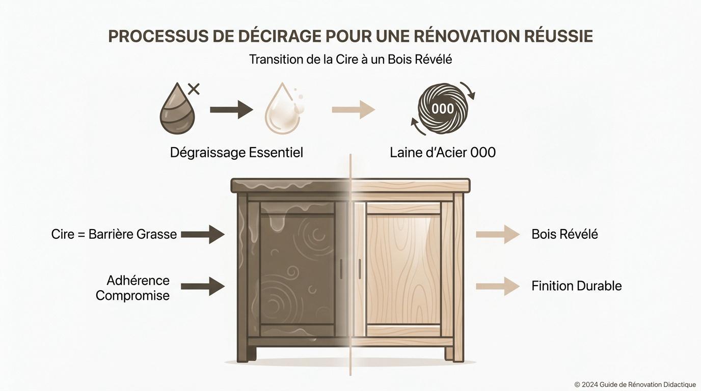 Nettoyage d'un meuble en bois avec laine d'acier et solvant pour retirer la cire