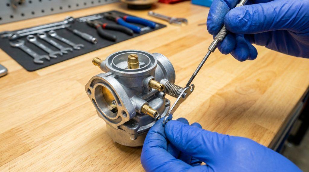 Personne en gants bleus ajustant le ressort d'un carburateur Briggs avec un tournevis de précision sur un établi en bois avec des outils.