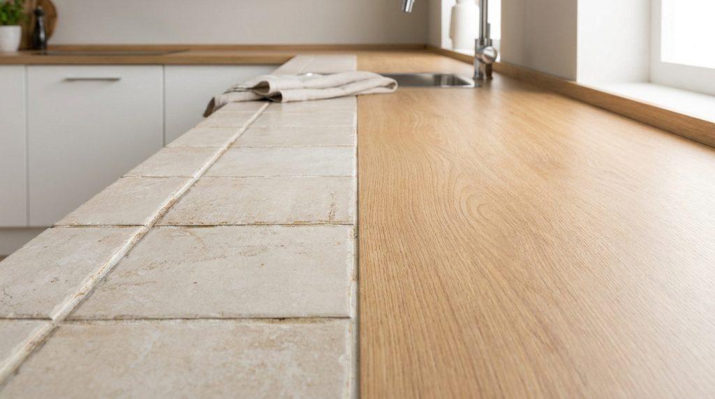 Plan de travail de cuisine : une moitié en carrelage beige usé, l'autre en stratifié effet bois clair neuf. Transition nette.