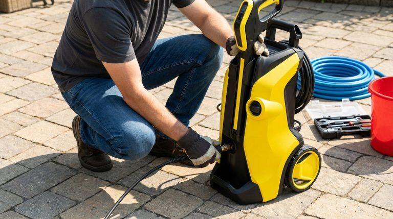 Un homme en gants connecte un tuyau noir à un nettoyeur haute pression jaune sur une terrasse pavée, avec outils et tuyau bleu.