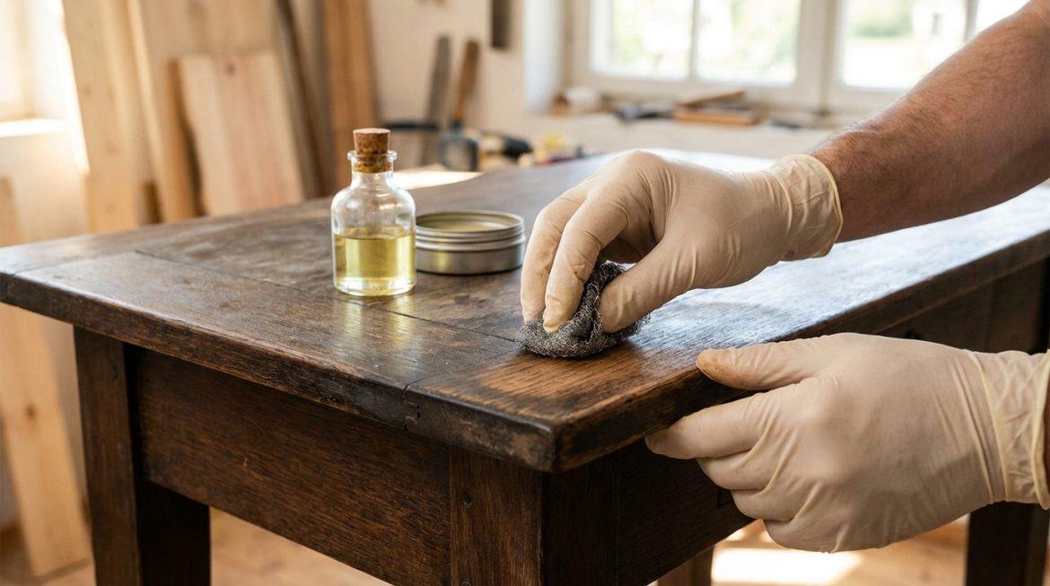Mains gantées décirant une vieille table en bois foncé avec de la laine d'acier. Une bouteille d'huile naturelle est à côté.