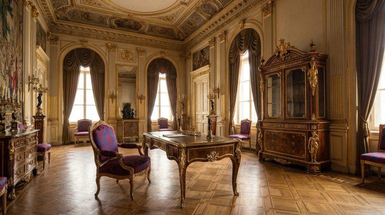 Salon impérial orné de meubles de style Rococo/Néoclassique : un grand bureau, une vitrine et des fauteuils richement dorés.