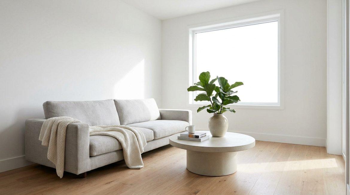 Salon minimaliste clair avec canapé gris, plaid crème, table basse ronde et plante verte devant une grande fenêtre lumineuse.