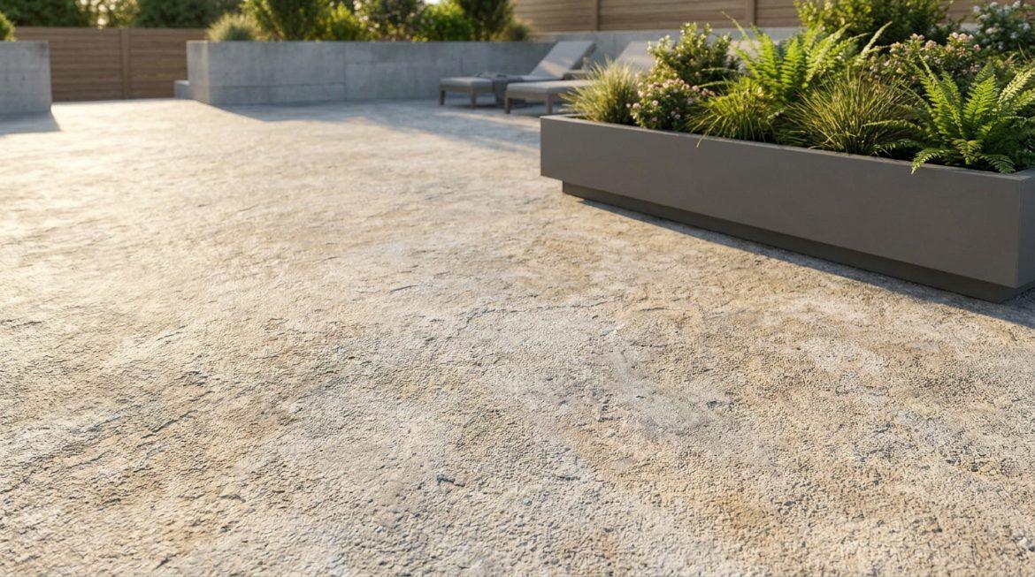 Vue d'une terrasse extérieure avec un sol clair en béton bouchardé, un grand bac à plantes et des chaises longues.