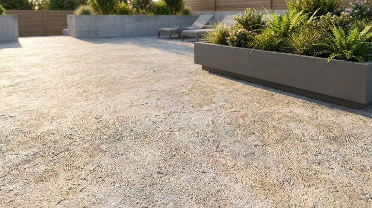 Vue d'une terrasse extérieure avec un sol clair en béton bouchardé, un grand bac à plantes et des chaises longues.