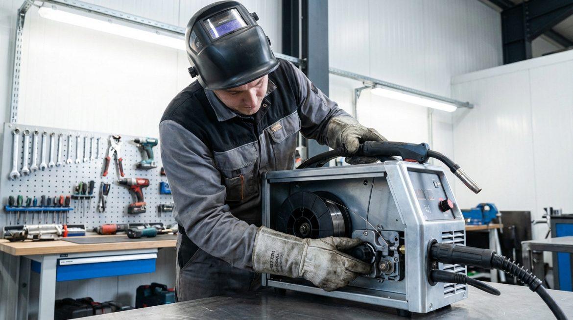 Un soudeur en masque et gants inspecte un poste à souder Parkside à fil fourré, réglant le mécanisme de dévidage.