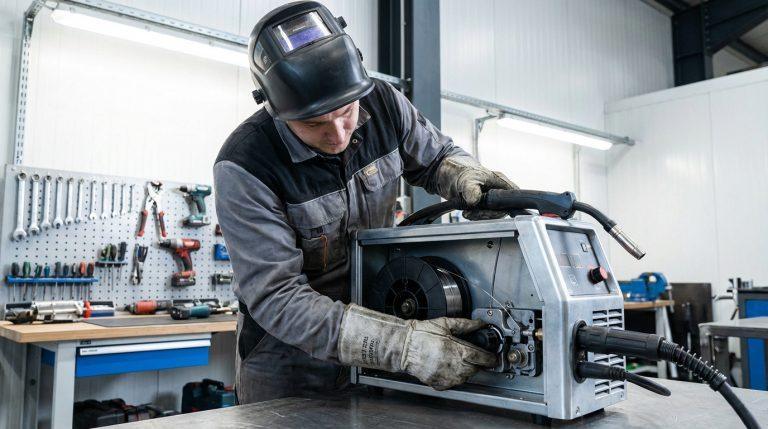 Un soudeur en masque et gants inspecte un poste à souder Parkside à fil fourré, réglant le mécanisme de dévidage.