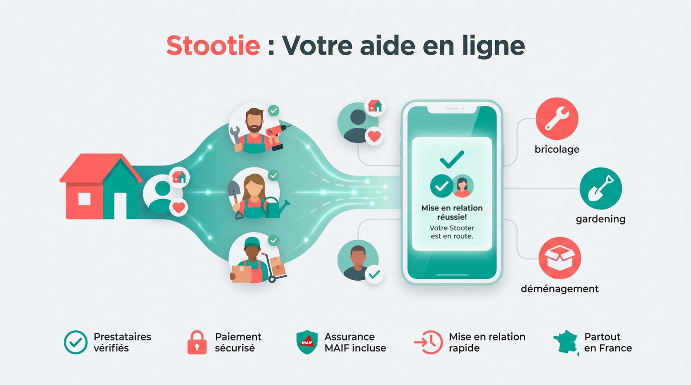 Interface de l'application Stootie pour trouver une aide en ligne