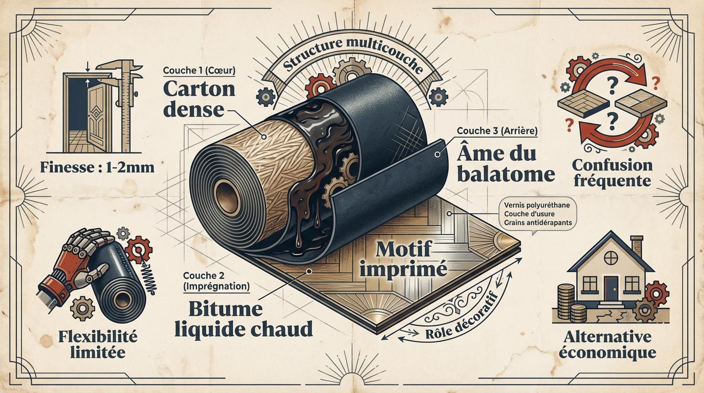 Schéma de la structure multicouche du balatome avec sa base en carton bitumé et sa couche décorative