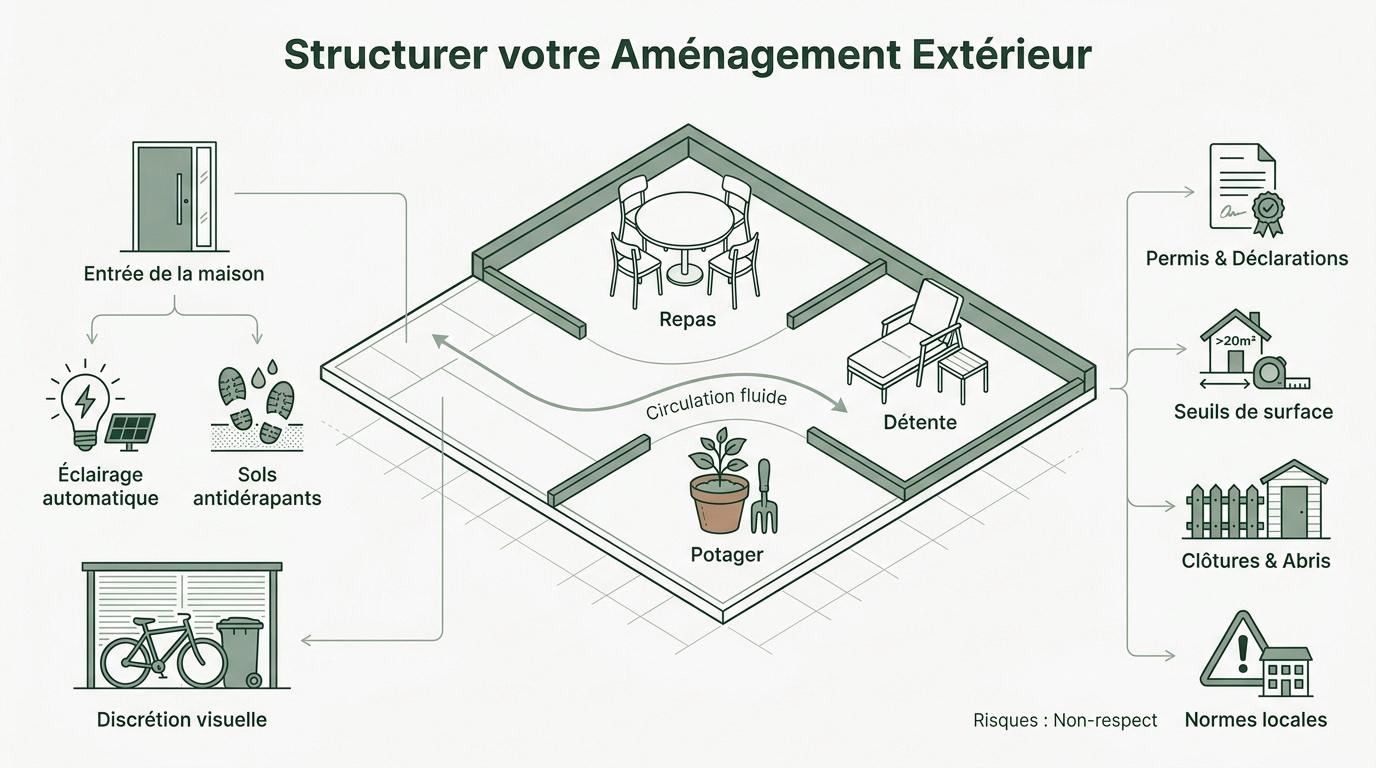 Planification d'un aménagement extérieur structuré avec zones de vie