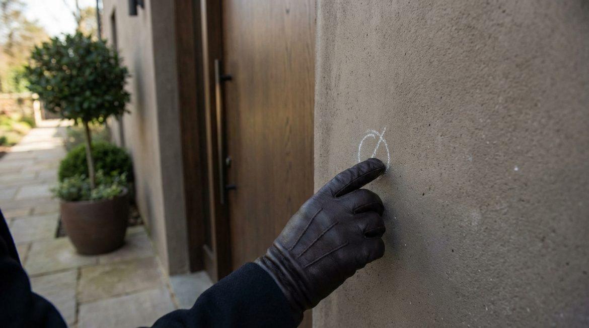 Main gantée de cuir noir dessinant un symbole de cambriolage (un cercle barré) à la craie blanche sur un mur de maison.