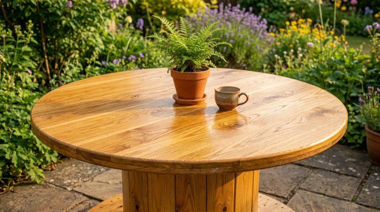 Table basse ronde en touret bois relooké, avec fougère et tasse en céramique, sur une terrasse fleurie ensoleillée.
