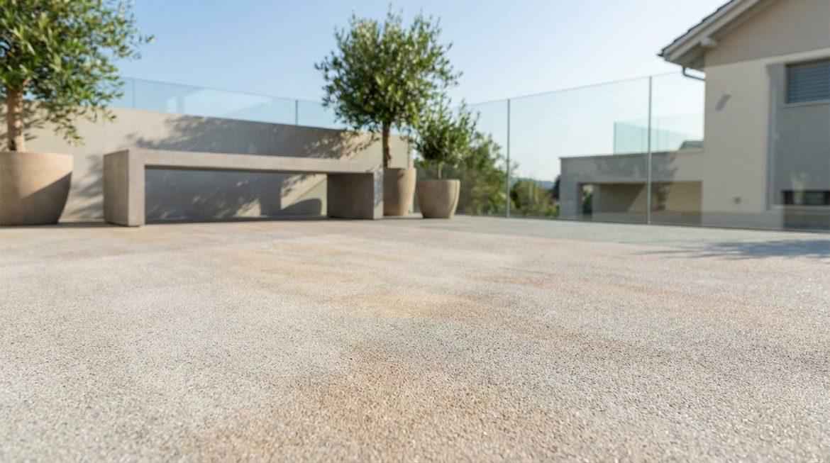 Terrasse spacieuse avec revêtement Terrasto clair, banc en béton, oliviers en pot et garde-corps en verre, sous ciel bleu.