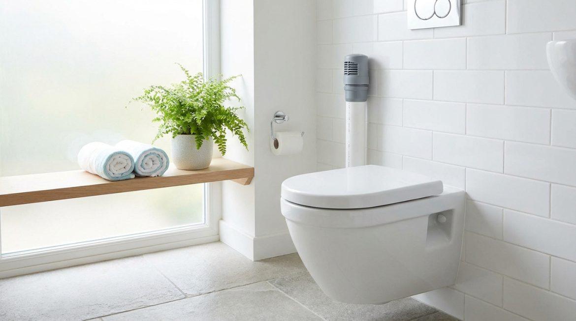 WC suspendu dans salle de bain moderne blanche. Système de décompression gris sur tuyau mural. Étagère bois, plante, serviettes et fenêtre dépolie.