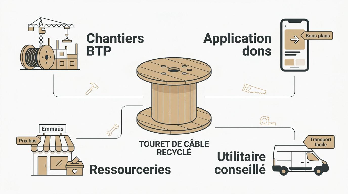 Touret de câble en bois brut prêt à être recyclé et transformé en table basse