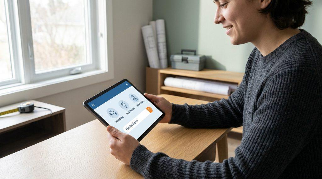 Personne souriante utilisant une tablette pour chercher des professionnels (plomberie, électricité) pour des travaux.