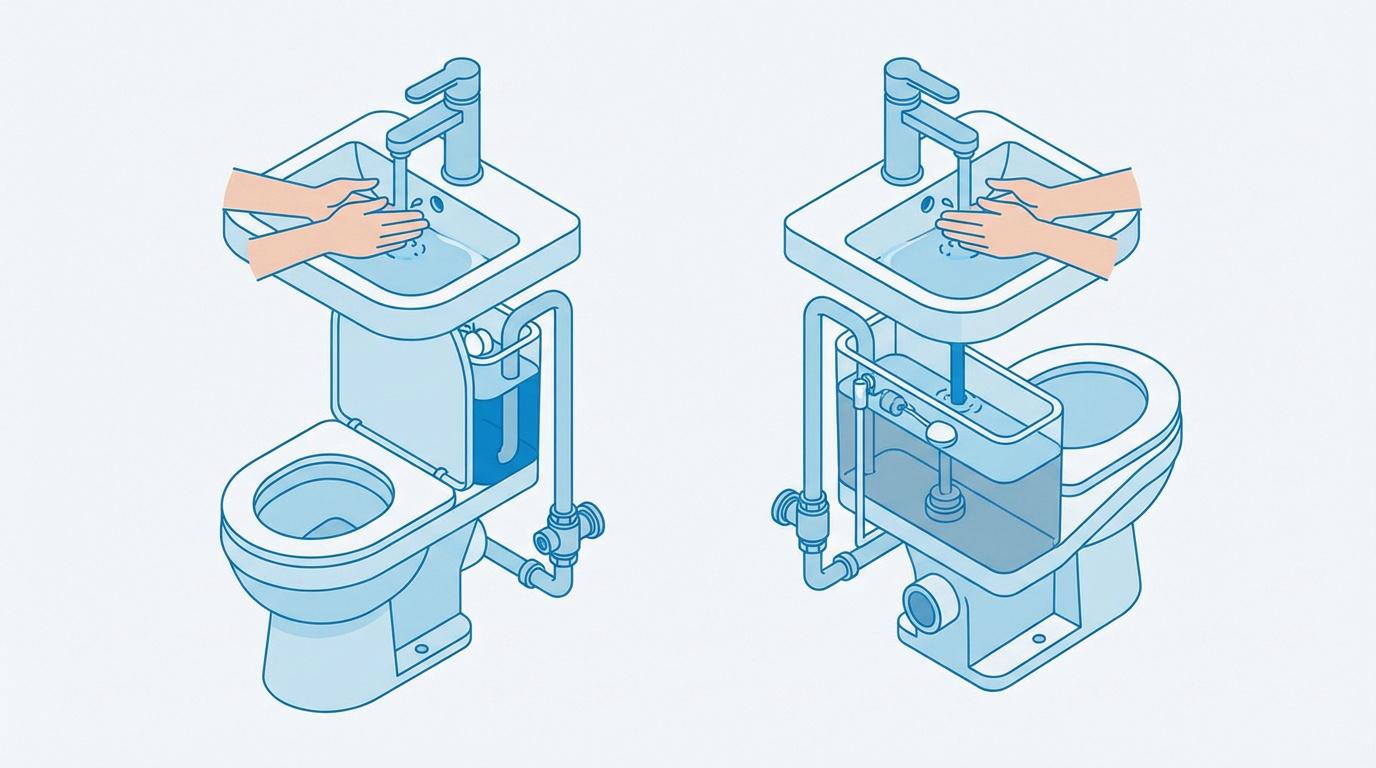 Schéma du circuit d'eau fermé d'un WC avec lave-mains intégré