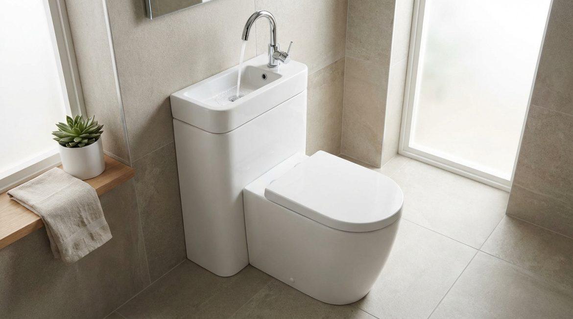 WC blanc moderne avec lave-mains intégré au-dessus de la chasse d'eau, où l'eau coule du robinet. Une plante et une serviette sur l'étagère.