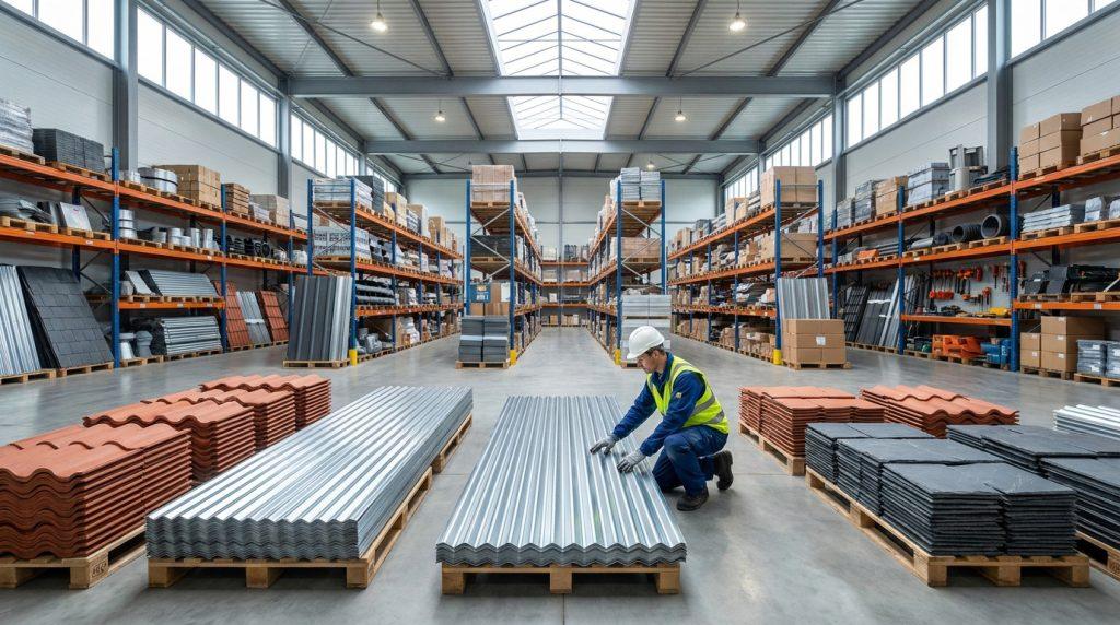 Un professionnel en EPI vérifie des plaques de toiture métalliques dans un entrepôt industriel Asturienne.