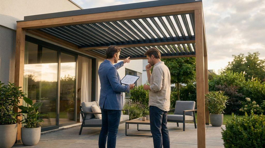 Un conseiller présente un projet de pergola bioclimatique à un client sur une terrasse moderne.