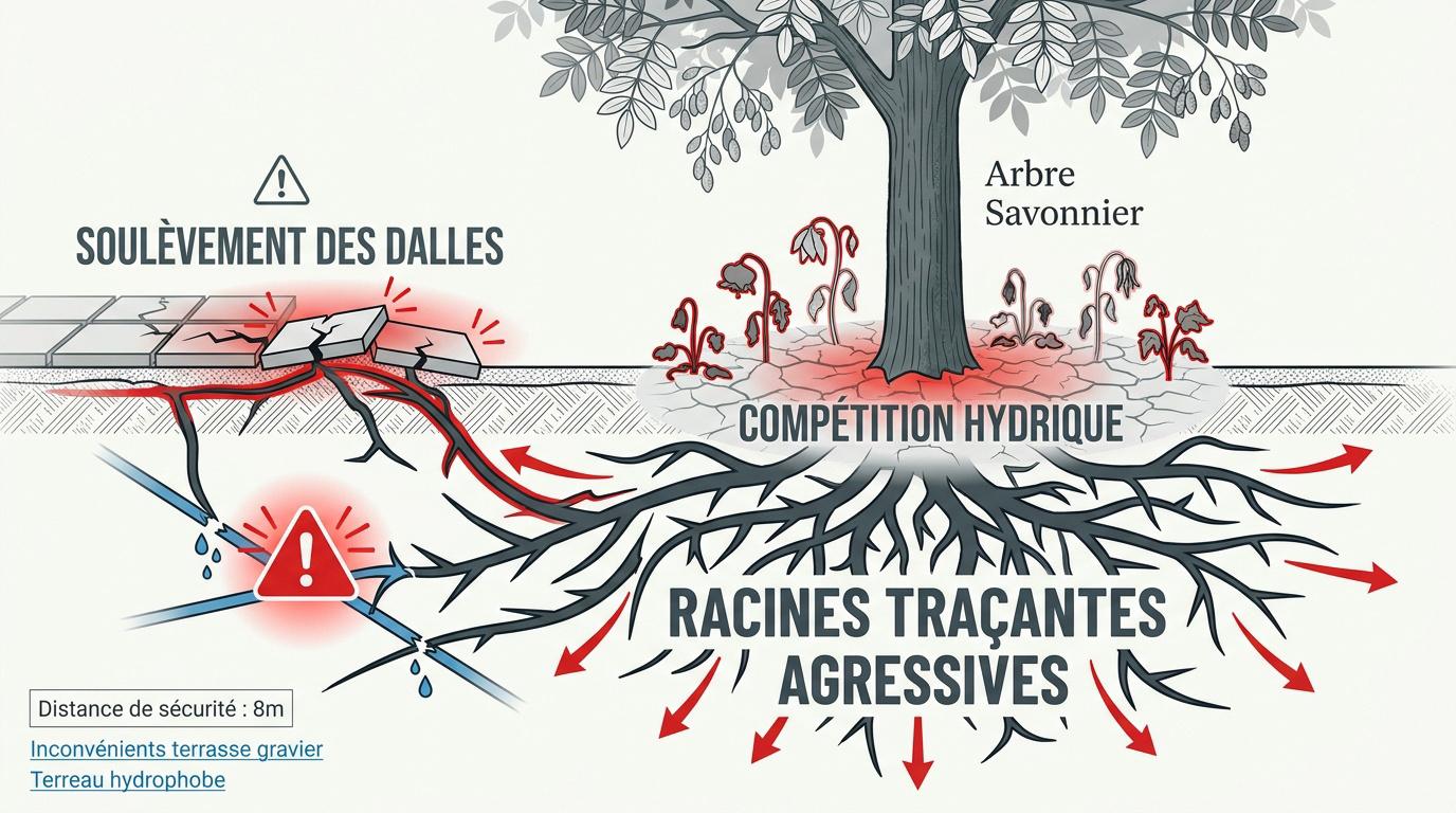 Dégâts causés par les racines traçantes d'un arbre savonnier sur une terrasse