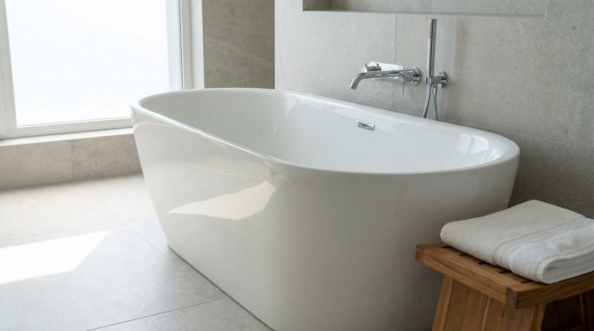 Comment peindre une baignoire avec une résine durable Baignoire autoportante blanche brillante dans une salle de bain moderne carrelée gris, avec fenêtre lumineuse et tabouret en bois.