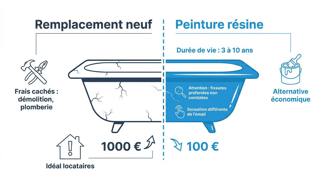 Comparaison visuelle entre le remplacement d'une baignoire et la rénovation par peinture résine