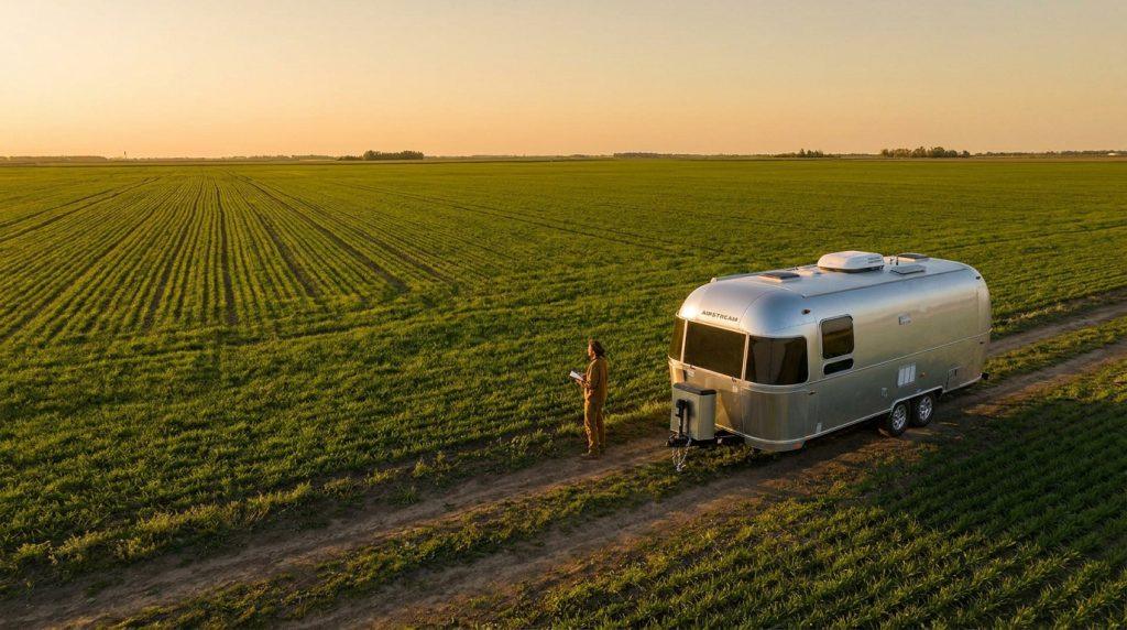 Caravane Airstream sur un chemin de terre bordant un champ vert. Une personne observe le paysage au coucher du soleil.