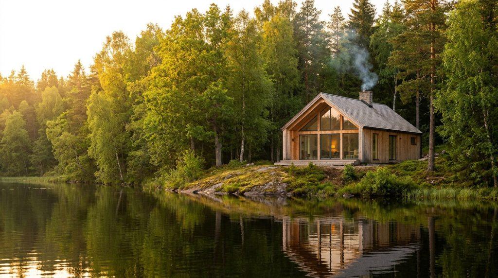 Chalet moderne en bois au bord d'un lac avec de grandes baies vitrées, entouré d'une forêt. De la fumée sort de la cheminée.