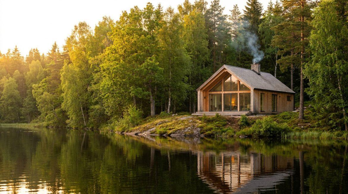 Chalet moderne en bois au bord d'un lac avec de grandes baies vitrées, entouré d'une forêt. De la fumée sort de la cheminée.