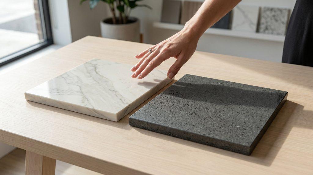Une main touche deux échantillons de matériaux pour comptoir : un blanc veiné et un gris foncé texturé, sur table en bois.