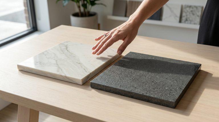 Une main touche deux échantillons de matériaux pour comptoir : un blanc veiné et un gris foncé texturé, sur table en bois.