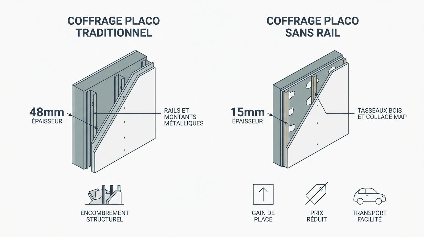 Comparaison technique entre un coffrage placo traditionnel sur rails et un coffrage sans rail sur tasseaux bois