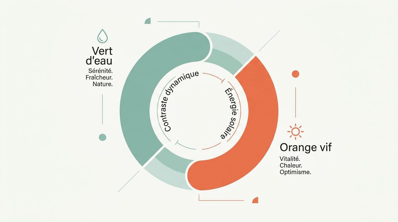 Contraste de couleurs entre un mur vert d'eau et des accessoires orange vif dans un intérieur moderne