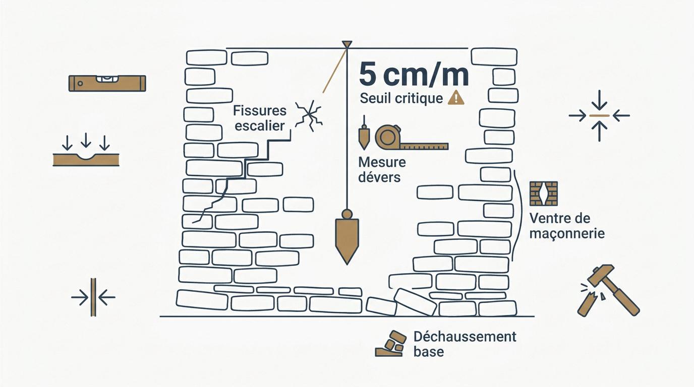 Diagnostic visuel des fissures et du dévers sur un mur en pierre ancienne
