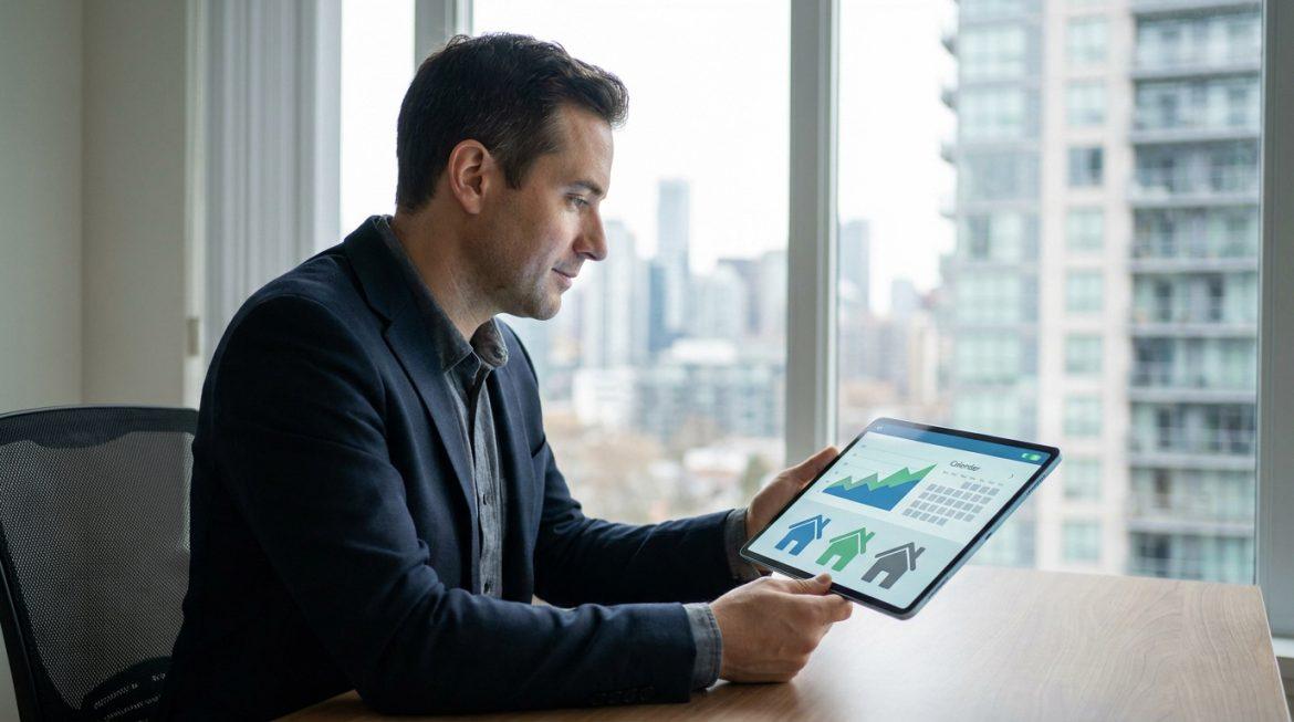 Un homme examine des données de gestion locative (graphiques, icônes de maisons) sur une tablette, vue sur ville moderne.