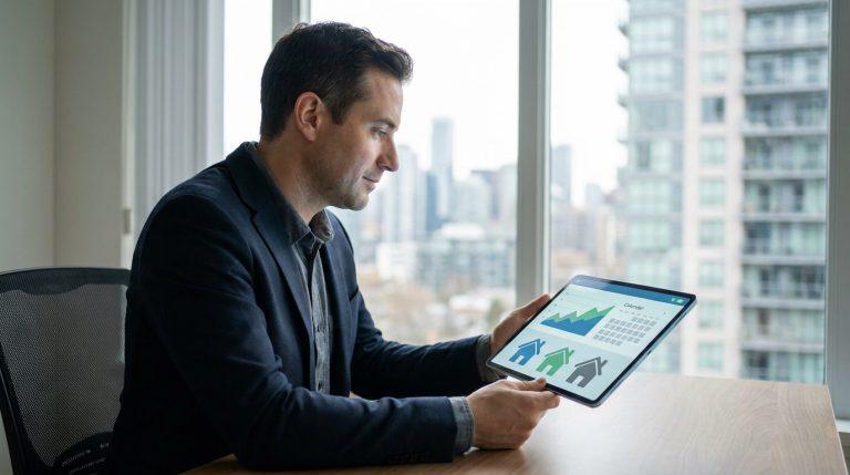Franim avis : une gestion locative connectée à 3,9 % ? Un homme examine des données de gestion locative (graphiques, icônes de maisons) sur une tablette, vue sur ville moderne.