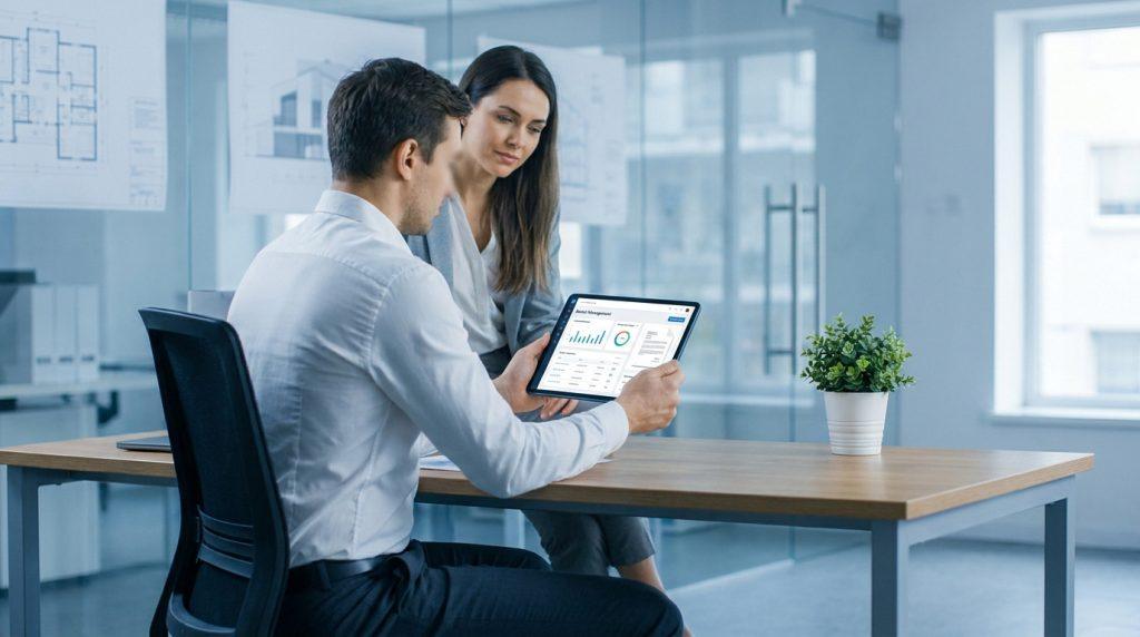Un homme et une femme visualisent un tableau de bord de gestion locative sur une tablette, plans architecturaux en fond.