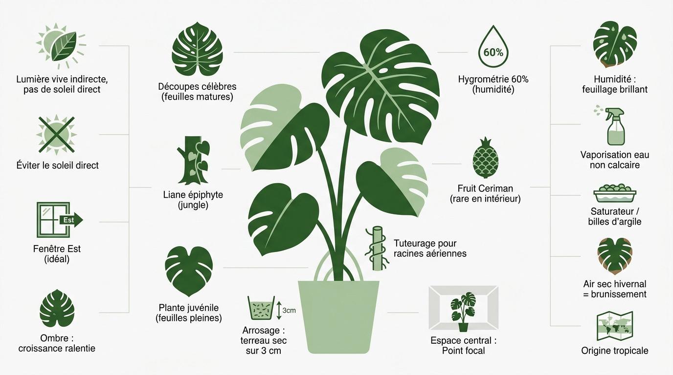 Plante Monstera deliciosa avec ses feuilles découpées dans un salon lumineux