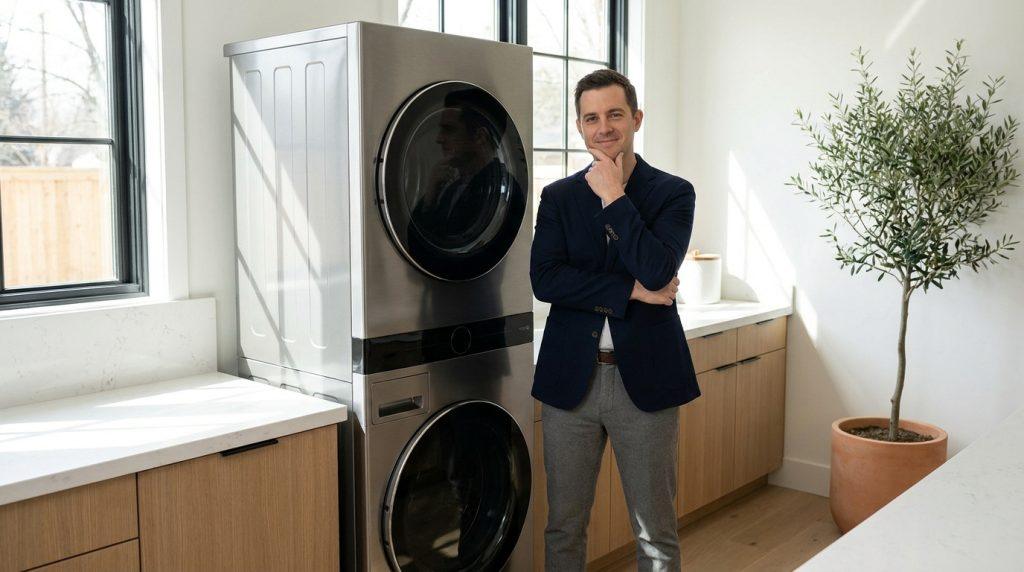 Un homme souriant pose à côté d'une colonne lave-linge/sèche-linge moderne gris argenté dans une buanderie lumineuse.