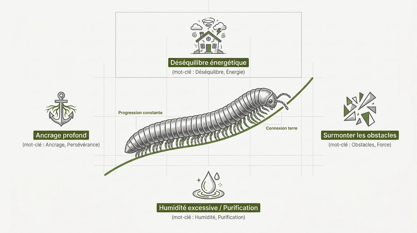 Infographie expliquant la symbolique spirituelle et l'ancrage du mille-pattes