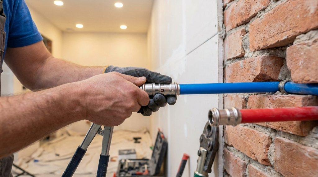 Mains gantées raccordant un tuyau PEX bleu avec un outil de sertissage, près d'un mur en briques et d'un tuyau rouge.