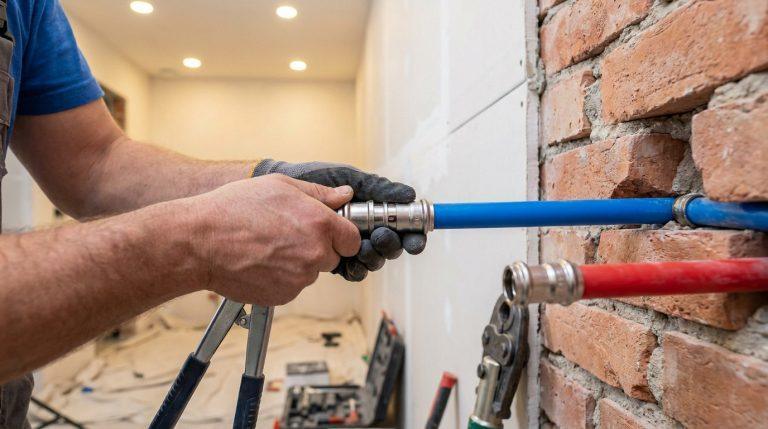 Mains gantées raccordant un tuyau PEX bleu avec un outil de sertissage, près d'un mur en briques et d'un tuyau rouge.