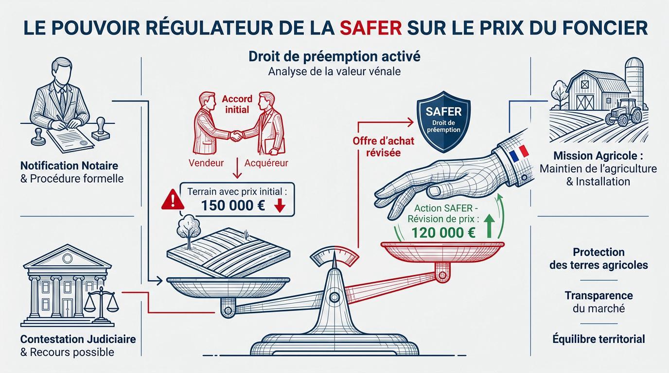 Infographie expliquant la régulation du prix foncier par la SAFER