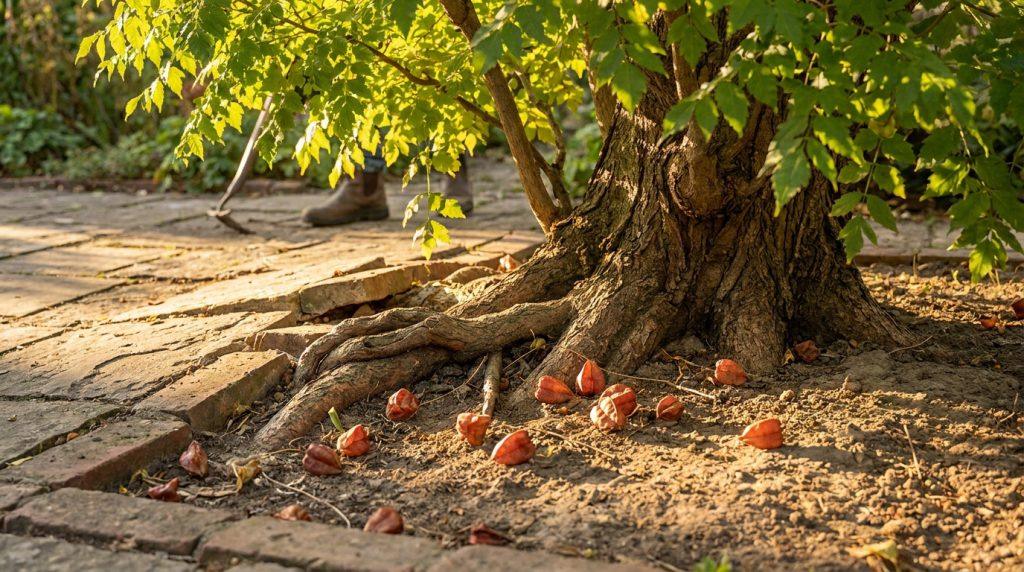 Gros plan sur les racines exposées d'un arbre savonnier, avec des fruits orange tombés et des feuilles vertes, sous un soleil rasant.
