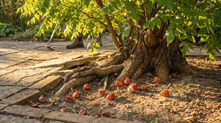 Gros plan sur les racines exposées d'un arbre savonnier, avec des fruits orange tombés et des feuilles vertes, sous un soleil rasant.