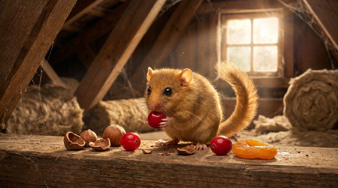 Tout savoir sur l’alimentation du loir en maison Un petit loir brun mangeant une cerise sur une poutre en bois dans un grenier éclairé par le soleil.