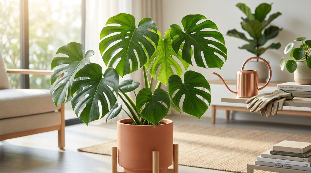 Plante Monstera deliciosa luxuriante dans un salon lumineux, avec arrosoir en cuivre et gants de jardinage sur une table.