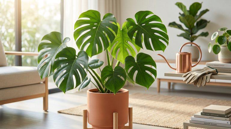 Plante Monstera deliciosa luxuriante dans un salon lumineux, avec arrosoir en cuivre et gants de jardinage sur une table.